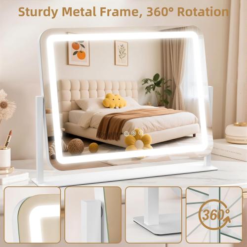 Vanity Mirror with Lights 22x17, Lighted Makeup Mirror with 10X Magnification 4.5, 3 Color Dimmble Lights, Touch Control, 360° Rotation, Metal Frame, Women's Gift, For Bedroom/Dressing Room, White