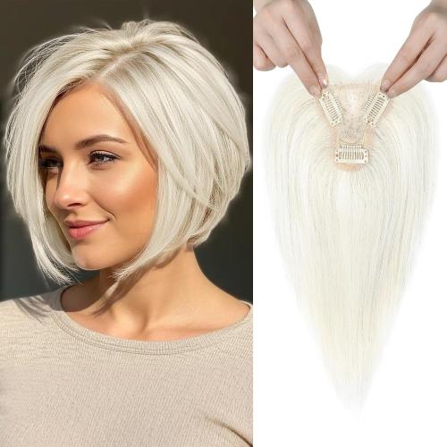 REECHO 10 Real Human Hair Topper for Women with Thinning Hair, Clip-in Crown Hairpiece for Instant Volume and Gray Root Coverage Real Hair Toppers Wiglett, Standard Base, Light Blonde