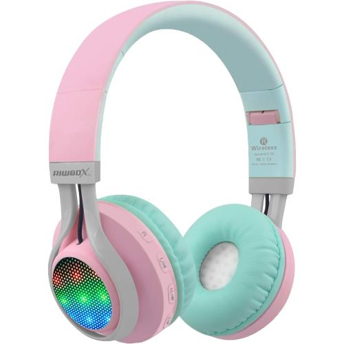 Riwbox WT-7S Bluetooth Headphones Light Up, Foldable Stero Wireless Headset with Microphone and Volume Control for PC/Tablet/TV/Travel (Pink Green)