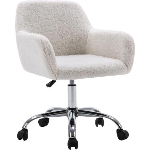 KCC Faux Fur Vanity Makeup Desk Chair, Comfy Fluffy Swivel Modern Leisure Armchair with Wheels, Upholstered Fuzzy Height Adjustable for Teens Women Girls Elegant Home Office