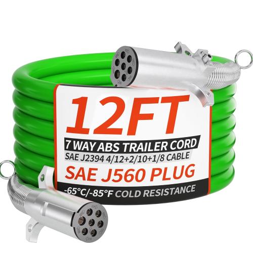 7 Way Trailer Cord 12 FT ABS Heavey Duty, Flexible -85°F Cold Resistance Straight Electrical Power Cable Green for Semi Trailers Trucks Tractors, 4/12 2/10 1/8 Gauge Wire Cable