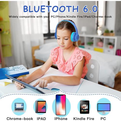 Kids Bluetooth 6.0 Headphones with LED Light, 85Hours Playtimes, Type-C Fast Charging, 85/94dB Volume Limited, Comfort Wireless Headphones with Built-in Mic, Wired & TF Card Mode, Blue