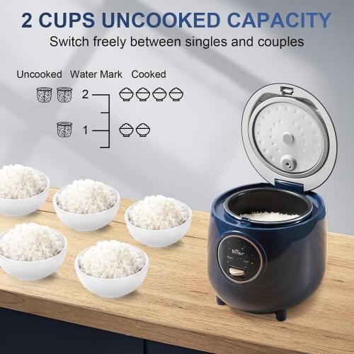Bear Mini Rice Cooker 2 Cups Uncooked, 1.2L Portable Non-Stick Small Travel Rice Cooker, BPA Free, One Button to Cook and Keep Warm Function, Blue | Portable 1.2L nonstick small rice cooker for travel, dorm, single serve, One-touch operation, Removable pot, Auto keep warm