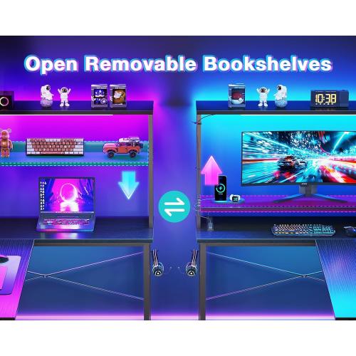 AODK L Shaped Desk Gaming Desk with LED Light & Power Outlet, 43 Inch Reversible L Shaped Computer Table with Shelf, Corner Desk with Storage Bag&Hook for Home Office Desk, Black