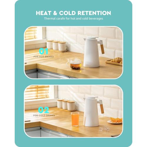 White 1L Baffect Thermal Carafe, 34oz Thermal Vacuum Carafe with Glass Liner and Wood Handle Insulated Coffee Carafe for Coffee Tea Hot or Cold Drinks(1 Liter, White)