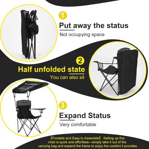 YOUNG WOOD Camping Chair with Canopy, Beach Chair with Shade,Portable,Lightweight Oversized for All, Easy to Open and Close Without Installation, Side Pocket Design for All Outdoor Activities，Black