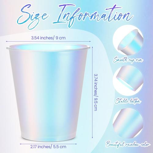 100 Pcs Iridescent Plastic Cups Rainbow Disposable Cups Holographic Party Clear Glitter Shiny Plastic Tumblers for Wedding Birthday Bachelorette Mermaid Party (Matte,12 oz)