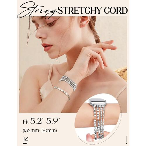 JR.DM Silver Beaded Bracelet Bands Women Compatible with Apple Watch 40mm 42mm(S10/11) 41mm 38mm Dressy Fancy Stretchy Elastic Jewelry Strap Replacement for iWatch Series 11/10/9/8/7/6/5/4/3/2/1/SE