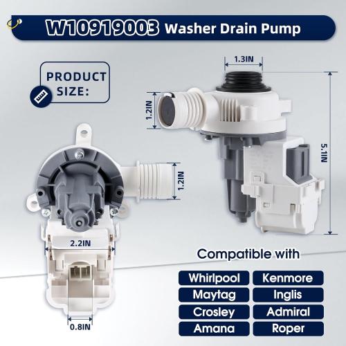 W10919003 W10775446 Washer Drain Pump Compatible with Whirlpool Maytag Kenmore Inglis Crosley Amana Admiral Roper, Replace 4461359 AP6038235 PS11770076 EAP11770076 B25-3A04