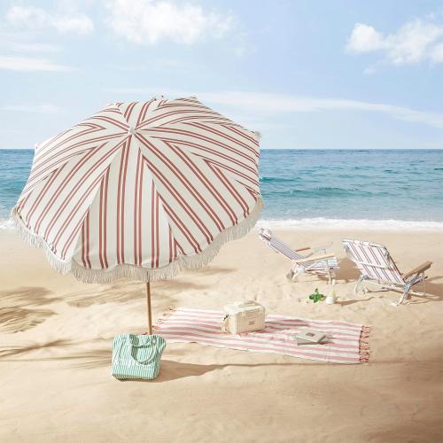 Striped 6.5FT Striped Beach Umbrella with Fringe, UPF 50  Sun Protection, Adjustable Height and Tilt Design, Wind-Resistant Fiberglass Ribs, Sturdy Wood Grain Iron Pole, Lightweight & Portable with Carry Bag, Base Not Included