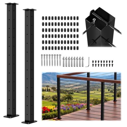 2Pack 42 T304 Stainless Steel T-Drilled Corner Post Cable Railing Black(Post 41x2x2), 3-Sides Flat Top One-Post Corner Solution, 90° Drilled Post with Cable Grommets for Corner Railing