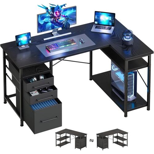 Black 47 Computer Desk with Drawers, Desks for Bedrooms, Writing Desk with Storage, Work Desk for Small Space, Black