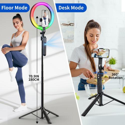 Auto Face Tracking 360 Rotation with 10 RGB Ring Light, Phone Tripod & Selfie Stick with Remote for Cell Phone 4-7, Motion Sensor for Live Stream Vlog Video Recording