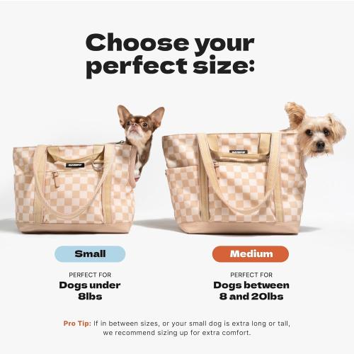Cleverpup Transit Tote Dog Carrier 4-Piece Set - Premium Lightweight Pet Travel Bag with Plush Teddy Insert, Food Pouch, Air Mesh Opening, Water-Resistant Base & Safety Tether - Medium Checkerboard
