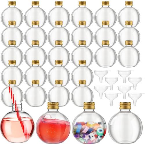 Jinei 30 Packs 8 oz Spherical Plastic Potion Bottles Ball Shape Sand Bottles Clear Plastic Cocktail Ornament Balls with Funnels for DIY Wedding Party Gift Crafts Decoration(Lid,Gold)