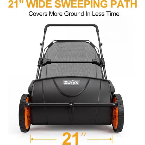 Zoryx 21-Inch Push Lawn Sweeper, Manual Leaf Sweeper for Yard & Lawn Debris, 3.5 cu.ft. Collector Bag, Artificial Turf Cleaner with Adjustable Height, Easy Assembly & Foldable Storage