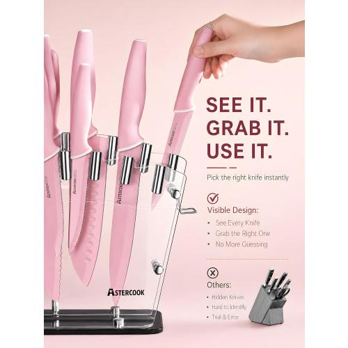 Astercook Knife Set with Clear Block and Sharpener 22Pcs Pink