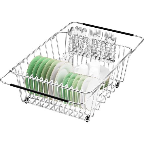 Large Sink Dish Drying Rack, Expandable 304 Stainless Steel Metal Dish Drainer Rack Organizer Shelves with Stainless Steel Utensil Holder Over Inside Sink, Rustproof