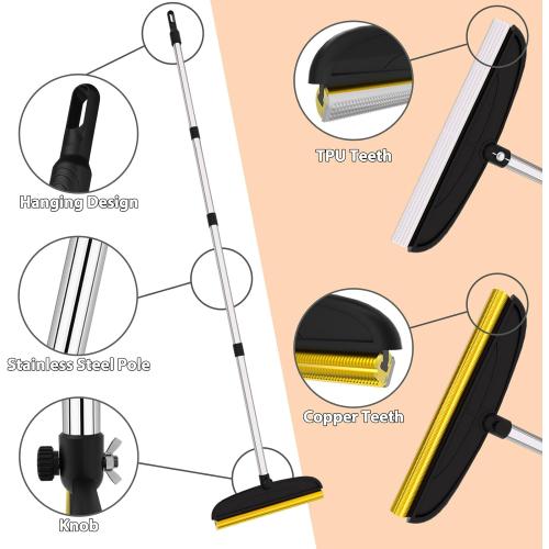 2 in 1 TPU and Copper Rake Teeth Carpet Rake for Pet Hair Removal,60inch Adjustable Long Handle Pet Hair Remover Tool,Reusable Cat Dog Hair Rake Broom,Lint Remover Scraper for Carpet,Bed(Black-Silver)