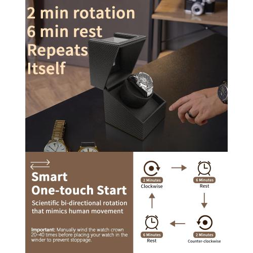 Watch Winder for Automatic Watches: Automatic Single Watch Winder Box with Japanese Quiet Motor, Rotating Watch Case in Black Carbon Fiber Leather, Gifts for Men Collectors