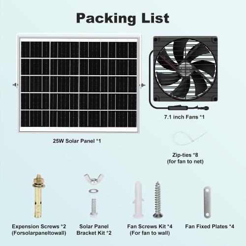 7.1 Large Solar Greenhouse Fan, 25W Solar Powered Vent Exhaust and Intake Chicken Coop Fan Outdoor Waterproof, 16.5 ft Cord, Strong Airflow for Shed Doghouse Cabin Ventilation Air Circulation