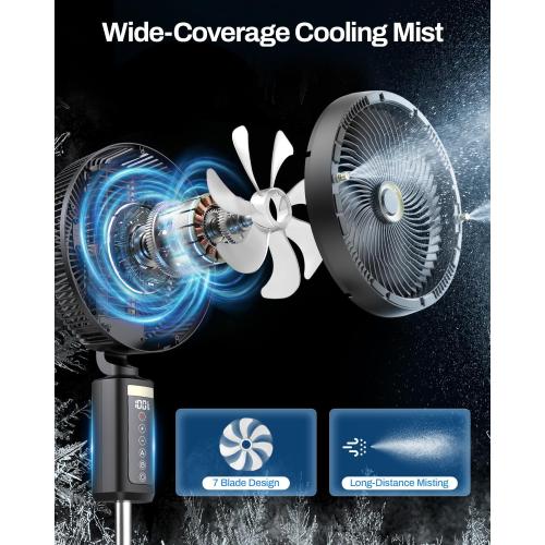 Outdoor Misting Fan with Water Pump, 30000mAh 12-Inch Outside Water Cooling Mister Fan for Patios Bedroom, Portable Standing Oscillating Fan with Mist System, Pedestal Fans with Remote/Spray/Timer
