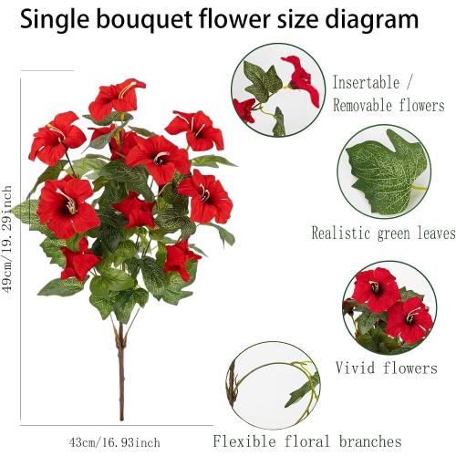 Artificial Outdoor Flowers UV Resistant Faux Petunias Silk Flower Faux Flowers Fake Plants for Garden Patio Window Box Home Porch Decor 4 Bundles (Red)