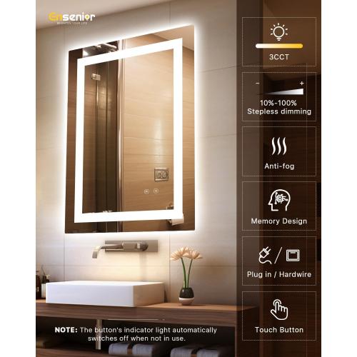 Ensenior LED Bathroom Mirror 30x 36 with Front and Backlight, Stepless Dimmable Wall Mirrors with Anti-Fog, Shatter-Proof, Memory, 3 Colors, Modern LED Vanity Mirror-FCC