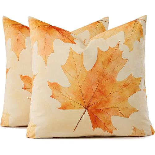 Fall Pillow Covers 18x18 Set of 2 - Burnt Orange Maple Leaf Throw Pillow Covers, Autumn Decorations Decorative Velvet Cushion Cases for Couch Sofa Home Decor
