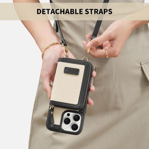 Size iPhone 15 Pro Color Black and Beige ZVE Crossbody Wallet Case for iPhone 15 Pro Detachable Wrist Strap Zipper Leather Protected Case Card Holder, Compatible with iPhone 15 Pro 6.1-inch Purse Cover (Black with Beige)