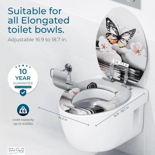 SANILO Wooden Toilet Seat with Soft Close [ELONGATED] - Decorative, Quiet & Slow Close Molded Wood Seat - With Strong Bumpers & Hinges - Adjustable Fit - Vanesa