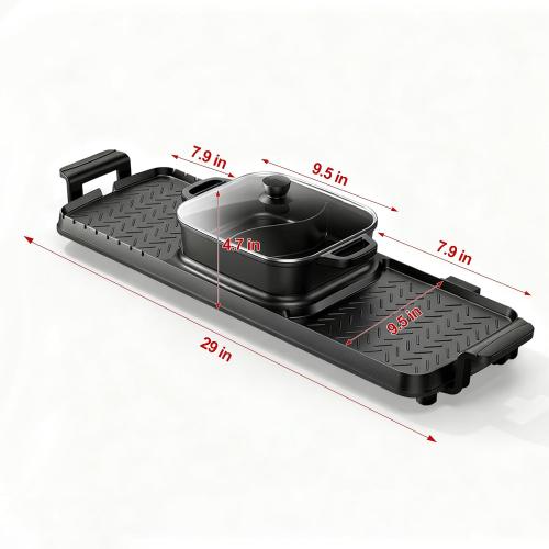 2250W Electric Grill and Hot Pot Combo, 29 x 9.5 Inch Smokeless Indoor BBQ Grill with Easy to Clean, Dual Zone Temperature Control, Includes Food Tongs, Oil Brush, Soup Spoon, Strainer Black