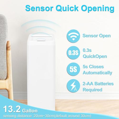 50 Liter / 13.2 Gallon Motion Sensor Trash Can with Roll Lid & Wheels - Automatic Touchless Trashcans for Kitchens, Bedroom, Office Trash Bin (White)