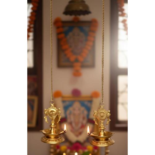 StonKraft - Pair of Brass Hanging Diya, Oil Lamp, Lamp for Home and Office (Hanging Length 25.75)