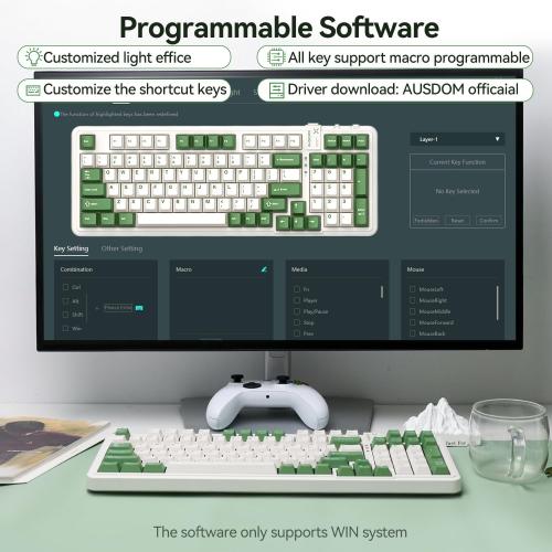 Green & White AUSDOM 98Pro Silent Mechanical Keyboard, Wireless Hot Swappable Gaming Keyboard with Backlit,Gasket Structure,Pre-lubed Tactile Switches,2.4GHz/Type-C/Bluetooth Custom Keyboards (Green & White-Silent)