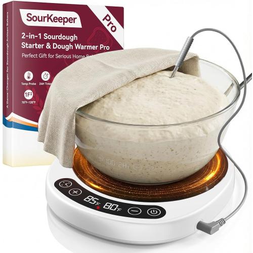 SourKeeper, Larger 2-in-1 Sourdough Starter Warmer Pro - 2026 Upgrade Larger Heating Plate, Dough Temp Probe, 1°F Control (70–110°F), 24H Timer, Real-Time Monitoring, for Beginner Bakers Pro-WHT