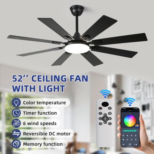 52 Ceiling Fans with Lights and Remote, Black Modern Ceiling Fan with 8 Dual Finish Blades,Quiet Reversible Motor，Farmhouse Ceiling Fan with RGB Lights for Bedroom,Living Room,Patios