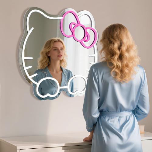 Anime Mirror Decor Light Up Mirror with Base Neon Sign for Wall Decor Girls Room Decor is A to Satisfy Girls Vanity USB Powered Dimmable Anime Decor Neon Mirror (13.8 * 13.6 inch)