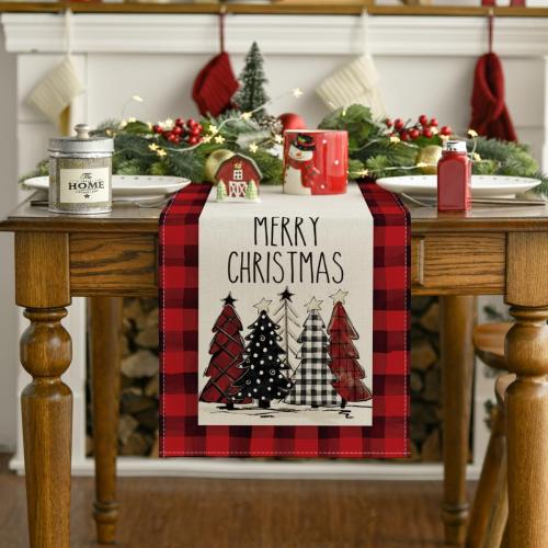 Artoid Mode Watercolor Red and Black Buffalo Plaid Christmas Trees Merry Xmas Table Runner, Seasonal Winter Holiday Kitchen Dining Table Decoration for Indoor Outdoor Home Party Decor 13 x 72 Inch