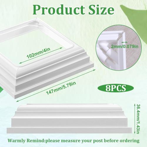 8 Packs 4x4 Inches Vinyl Post Skirt Split Style Base Cover Column Wraps, Fence White Post Cover for Hand and Stair Rails Porch Deck Base