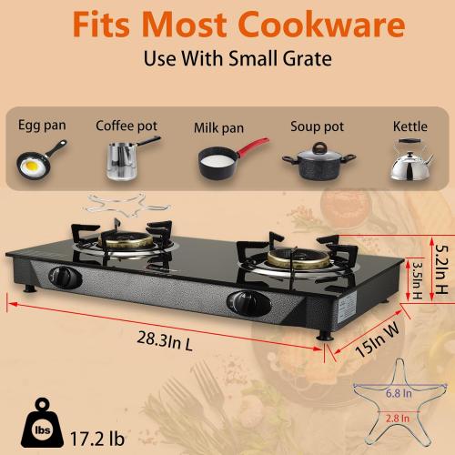 Propane Stove 2 Burner Gas Stove, 28800 BTU High-Efficiency Auto Ignition Tempered Glass LPG Cooktop with CSA Regulator and Hose – for Outdoor Camping, RV, and Emergency Cooking
