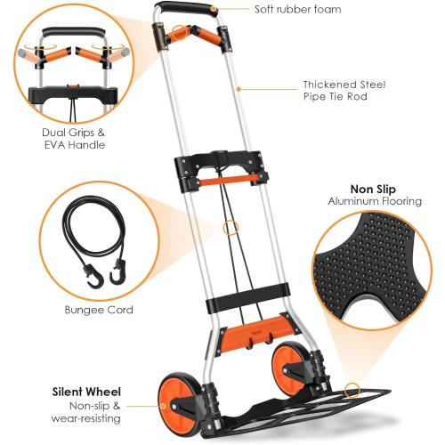 Dolly Cart, 309 lb Aluminum Folding Hand Truck with Swivel Handle, Heavy Duty Utility Dolly Foldable Trolley with Elastic Cord, 7 Inch Wheels for Moving, Warehousing, Shopping and More