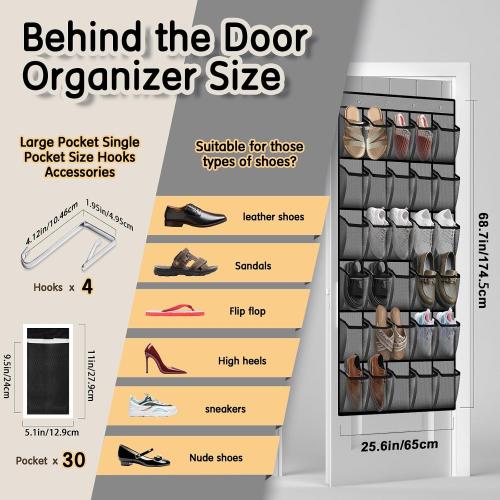 Over the Door Shoe Organizer with 30 Breathable Mesh Pockets - Large Capacity Closet Storage for Men & Women, Hanging Shoe Rack Organizer (Gray)