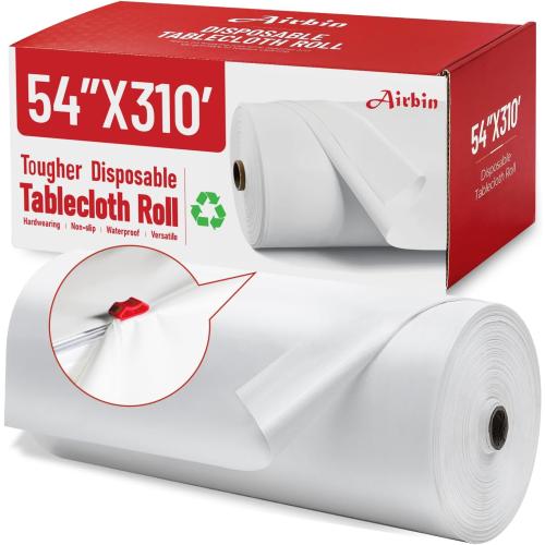 Plastic Table Cloth, 310 Ft X 54 in Disposable Tablecloth White Plastic Tablecloth with Any Cut Sliding Cutters Premium Table Cover Roll for Picnics, Parties, Birthdays, Weddings