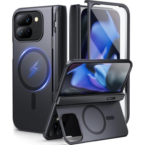 TONGATE Magnetic for Pixel 9 Pro Fold Case with Stand, [Compatible with MagSafe] Rugged Google 9Pro Fold Phone Case Built in Screen Protector & Hinge Protection for Google Pixel Fold2 2024 8, Black