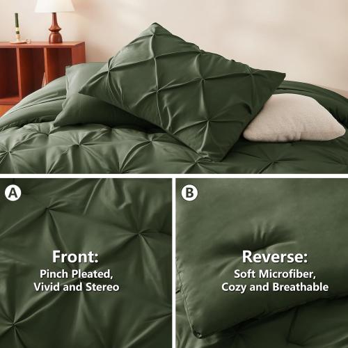 CozyLux California King Comforter Set Olive Green, 7 Pieces Cal King Pintuck Bed in A Bag, Pinch Pleat Bedding Sets with All Season Comforter, Flat Sheet, Fitted Sheet, Pillowcases & Shams