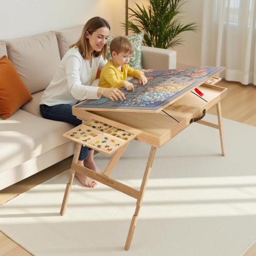 Size 34.2 x 26.3  TEAKMAMA Puzzle Table 27.6 Tall 1500 Piece Puzzle Board with Drawers, 34.2 x 26.3 Adjustable 5-Tilting-Angle Jigsaw Table with Legs, Jigsaw Board for Adults, Nature