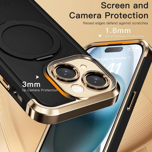 COOLQO for iPhone 15 Case 6.1'' Upgraded 360° Spin Magnetic Stand [Compatible with Magsafe][Military Protection] Plating Matte Scratch-Resistant Back Protective Shockproof Phone Case, Black Gold