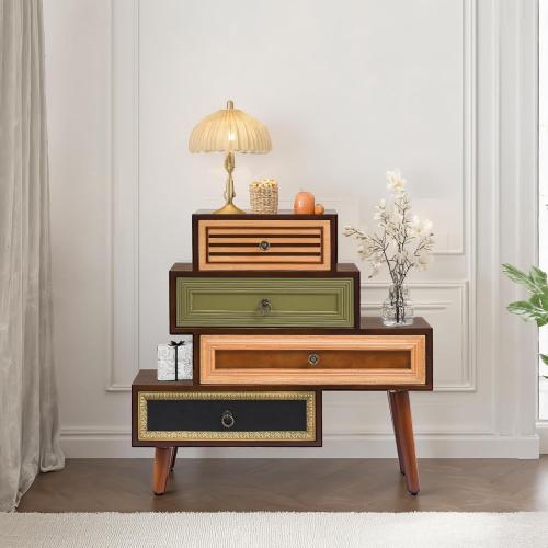 Ahokua Vintage Accent Chest with 4 Drawers, Asymmetrical Stacked Design, Multicolored Hand-Carved Decorative Rustic Cabinet for Living Room, Entryway