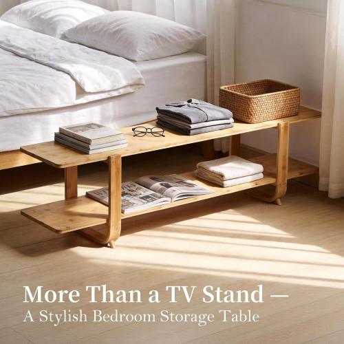 Wood Bamboo TV Stand for 55-Inch TVs, 2 Open Shelves, Modern Console | Mid Century Style, Open Storage for Electronics and Decor in Living Rooms and Bedrooms